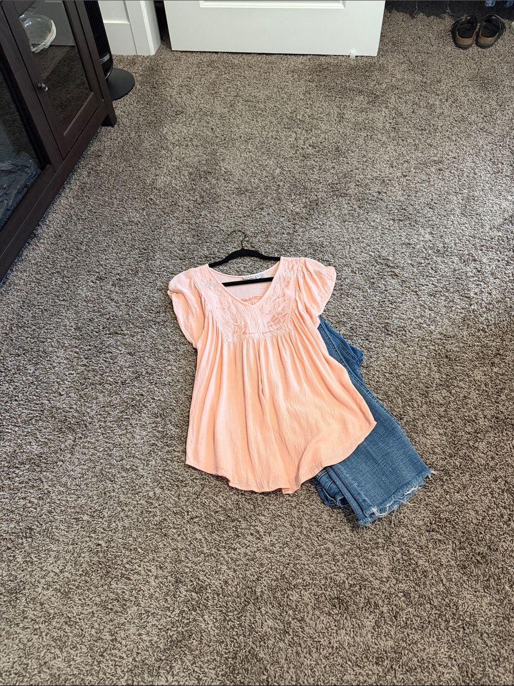 raya sun Peach Flutter Sleeve Smocked Yoke Top